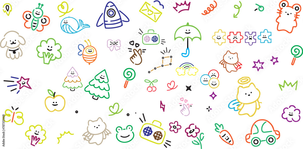 Cute kid scribble line flower, heart. rainbow background. Hand drawn doodle sketch childish element set. Flower, heart, cloud children draw style design elements background