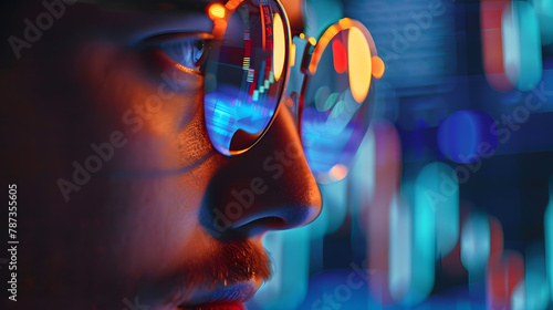 Portrait of trader wearing eyeglasses with reflection cryptocurrency chart Closeup portrait of man analysing stock market Copy space : Generative AI