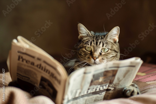 A cat is sitting on a bed and reading a newspaper. The cat is looking at the paper with interest, and the image conveys a sense of curiosity and relaxation