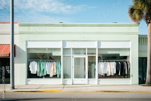 The boutique's modern facade, in mint and neutral paint, evokes Minimalism aesthetics and New Age design. Tropical, urban atmosphere. Concept of style, retro-inspired contemporary commerce shop