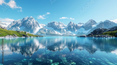 A serene image of a crystal-clear mountain lake reflecting the snow-capped peaks under a clear blue sky.