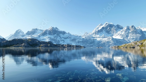 A serene image of a crystal-clear mountain lake reflecting the snow-capped peaks under a clear blue sky. © EC Tech 