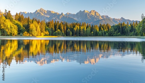 Tranquil high tatra lake autumn sunrise with colorful mountains and pine forest for nature hiking