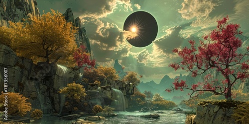 A digital painting of a fantasy landscape with a partial solar eclipse as the central focus. 