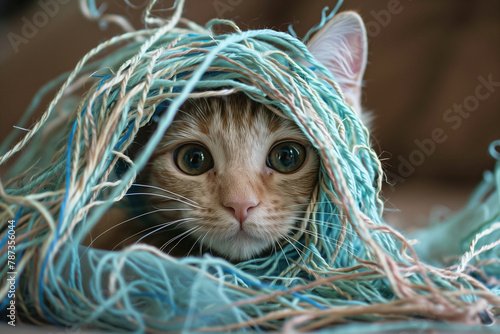 A cat is curled up in a ball with a bunch of yarn around it. The cat appears to be enjoying the warmth and comfort of the yarn