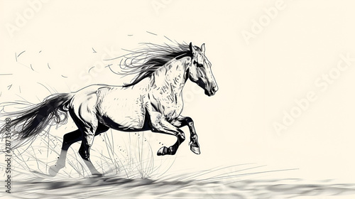 Running black line horse on a white background, generative Ai