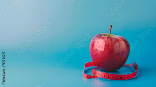 Apple with measuring tape on blue background Weight loss counting calories and healthy eating concept calculate daily nutrition intake Copy space : Generative AI
