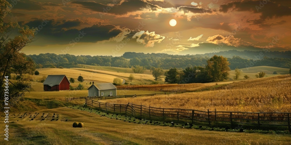 Obraz premium A rural landscape with a farmhouse and fields, with the partially eclipsed sun in the sky. 