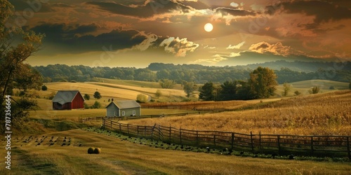 A rural landscape with a farmhouse and fields, with the partially eclipsed sun in the sky. 