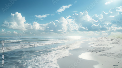 A sun-kissed coastal landscape featuring fluffy clouds above gentle ocean waves  with pristine sandy shores stretching into the distance.