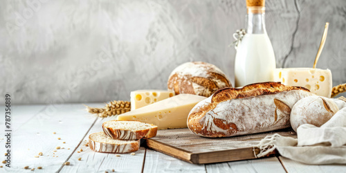 Dairy products and bread over white wooden background.