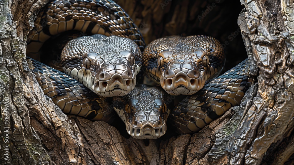 Fototapeta premium Python snakes elegantly coiled around ancient tree trunks in the untamed wilderness environment