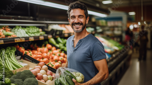 Middle-aged man smiling, out shopping at the supermarket