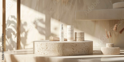 Spa and beauty product presentation scene made with porous stone podium near the cosmetic tubes.