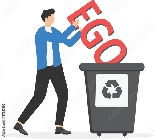 Businessman throw his ego into the trash, stop ego concept

