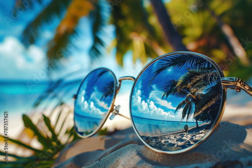 Treopical beach with palm trees reflection in sunglasses photo