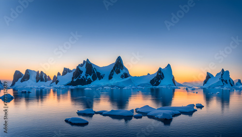 Glacier scenery in Antarctica, icebergs on the water surface, cold climate, greenhouse gases, global warming