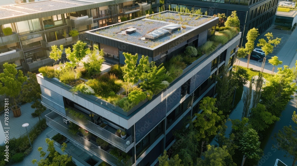 Eco-friendly building in modern factory and industrial zone, drone photography, Ai generated for ads