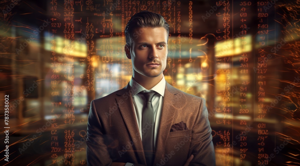 A professional business intelligence analyst in a blue suit looking at the screen and analyzing the graph of the information of his company on a computer at the office attentionally. Generative AI. A professional business intelligence analyst in a blue suit looking at the screen and analyzing the graph of the information of his company on a computer at the office attentionally. Generative AI.