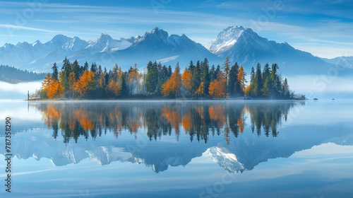 Vivid high tatra lake in early autumn sunlit trees, sky reflection nature adventure