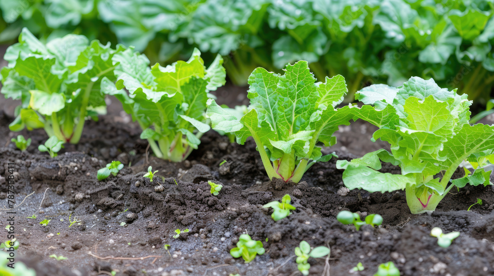 Leaf vegetables, such as radishes, are growing in the garden Leaf vegetables, such as radishes, are growing in the garden