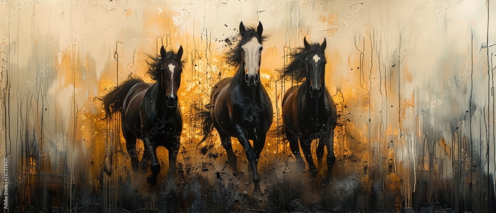 Fototapeta premium The subject of a modern painting is abstract with metal elements, texture background, animals, horses, etc.