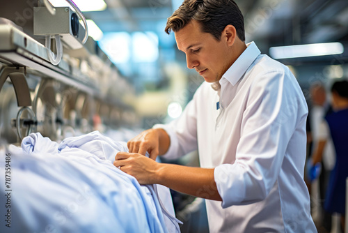 Man in white shirt fine-tunes garment placement on an advanced dry cleaning conveyor system. Specialist at work, attention to detail. Concept of technological expertise in fabric care
