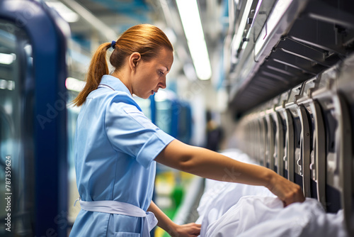 Female professional employee wearing uniforms engaged in precise operation of high-capacity dry cleaning machinery. Professional environment. Concept of precision in modern textile maintenance