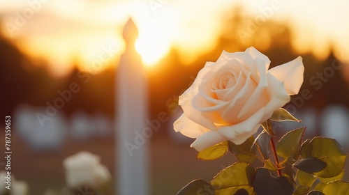 Sacred Tribute: Gravestone Cross and White Rose