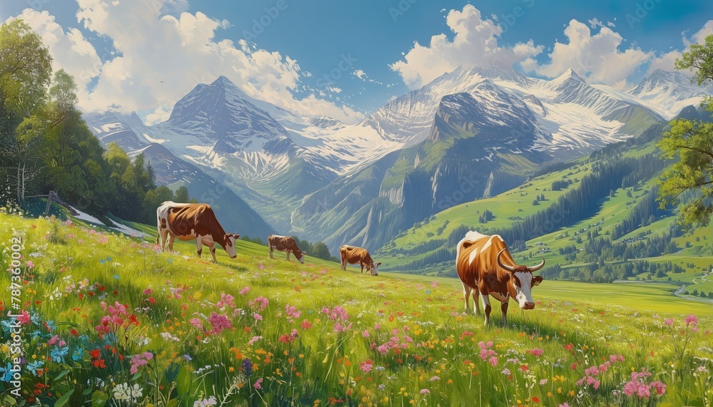 Swiss alps, springtime, sunshine on the valley grass, cows grazing, colorful flowers, snowcapped mountains in the distance