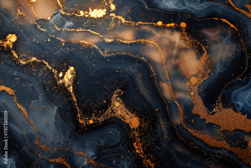 A closeup of dark liquid with golden glitter, swirling and dripping on the surface. Created with Ai