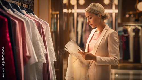 woman in a chic blazer carefully considers her choice of luxurious fabrics, immersed in her discerning fashion selection.