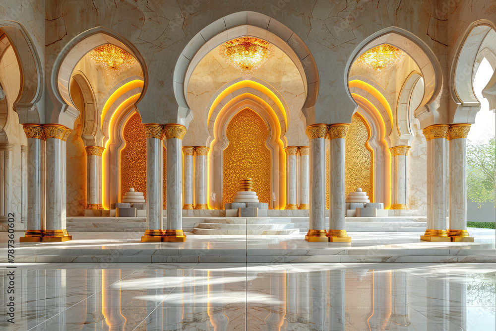 The beautiful white and golden architecture of the mosque in Abu Dhabi, the photo is taken from inside looking out to an endless corridor with tall columns decorated with gold accents. Created with Ai
