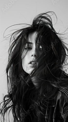 black and white photo of a 30-year-old woman with dark long disheveled hair in a white studio