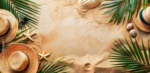 Summer sand beach background at the ocean with starfish, sun hat and tropical leaves. Summer holiday concept.