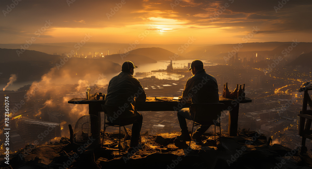  Two men, one sitting on the edge of an old building overlooking a city at sunset and another kneeling in front with his head bowed looking up towards God. Created with Ai