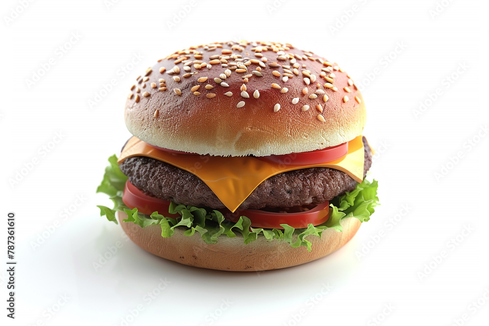A delicious cheeseburger with a 3D cartoon symbol on a white background. A delicious cheeseburger with a 3D cartoon symbol on a white background.