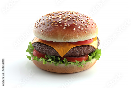 A delicious cheeseburger with a 3D cartoon symbol on a white background.