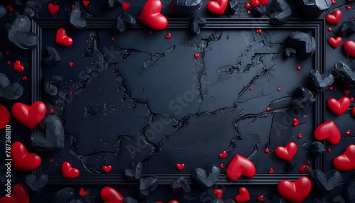 Red and black hearts on a dark marble background.