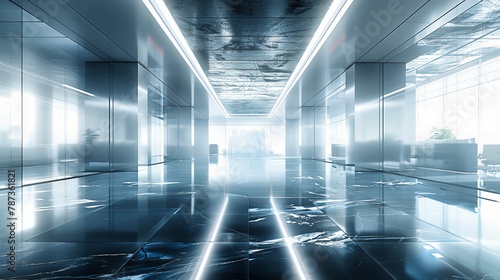 Futuristic Corridor with Blue Neon Lighting, Modern Architecture, Abstract Tunnel Design in a Sci-Fi Setting