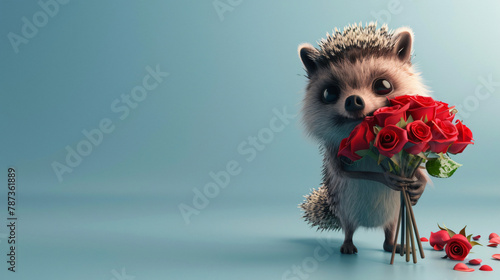 Cute Cartoon HedgeHog Holding a Bouquet of Red photo