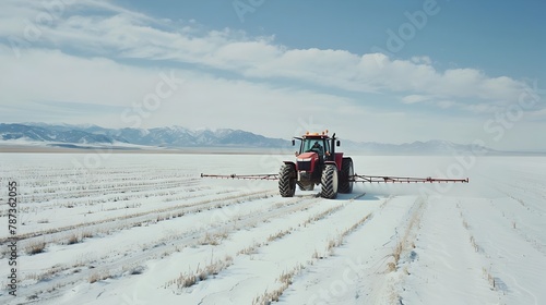 Winter Cultivation Tractor with HeavyDuty Sprayer Arms Treating Crops in a SnowCovered Plain with Distant Mountains Generative ai © Mina Nida