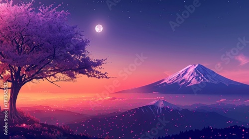 beautiful night landscape of Mount Fuji with the moon