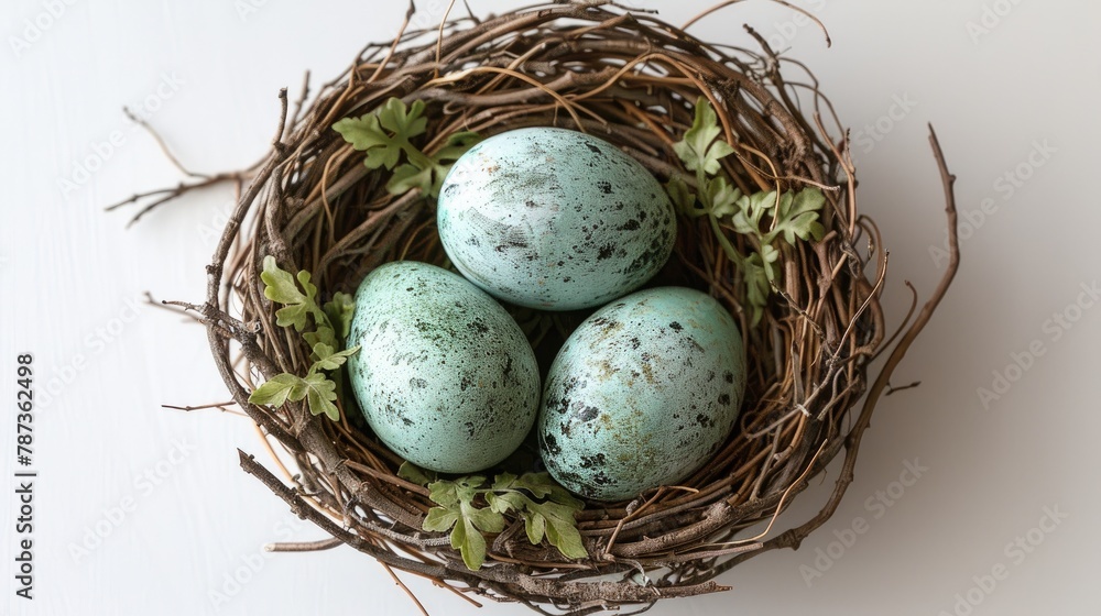 Obraz premium Symbolic representation of three green eggs in a bird s nest on a white backdrop conveying a message of future environmental commitment