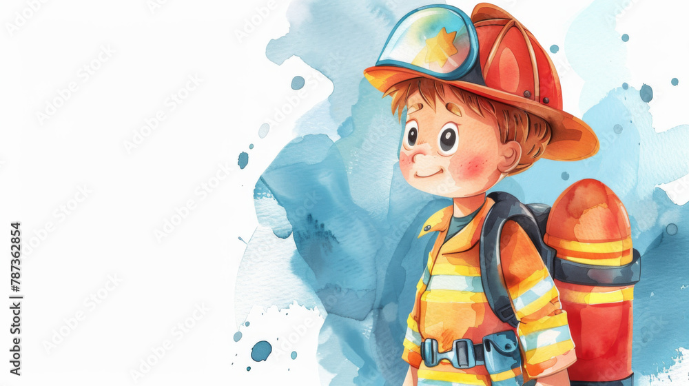 Vibrant watercolor illustration of a young cartoon boy dressed as a firefighter with a backdrop of blue splashes.