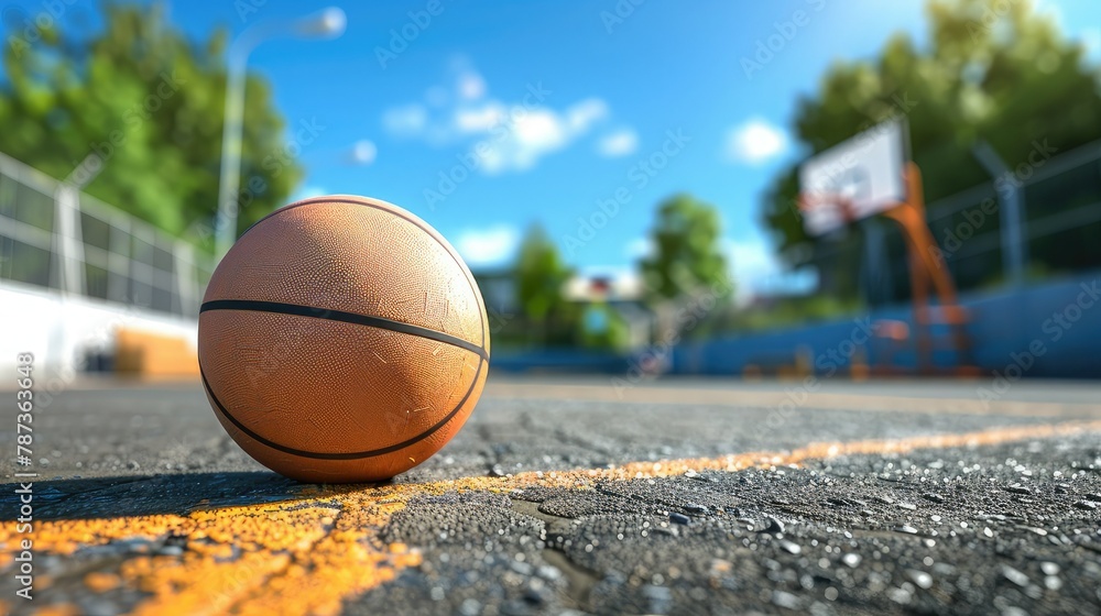 The basketball is located on an open court, decorated in an orange and black color scheme. In the background there are trees in the distance and a sports field The basketball is located on an open court, decorated in an orange and black color scheme. In the background there are trees in the distance and a sports field