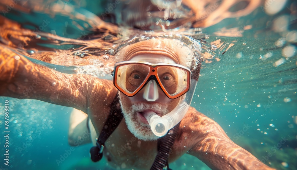 Fototapeta premium Elderly person snorkeling with a mask in the serene waters of a secluded tropical island