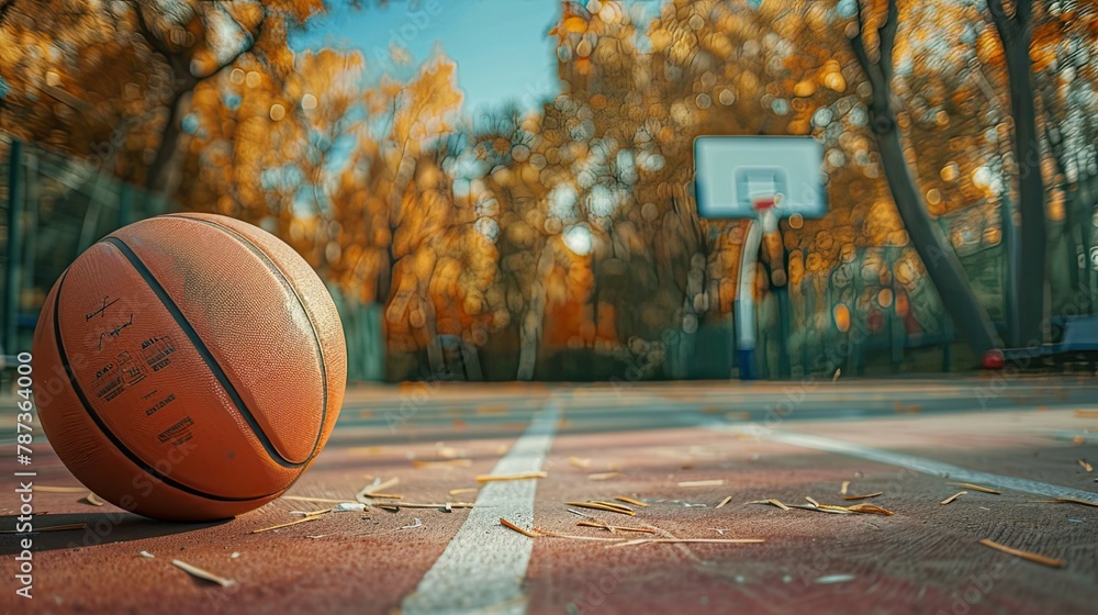 The basketball is located on an open court, decorated in an orange and black color scheme. In the background there are trees in the distance and a sports field The basketball is located on an open court, decorated in an orange and black color scheme. In the background there are trees in the distance and a sports field