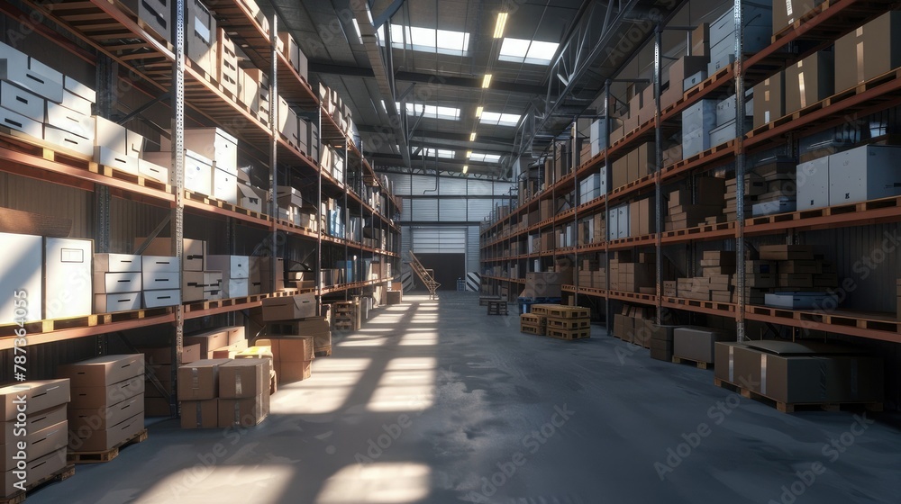 Wide angle view of an industrial warehouse with high shelves filled with boxes and pallets, highlighting the safety of the warehouse. Bright lighting creates an organized atmosphere. Wide angle view of an industrial warehouse with high shelves filled with boxes and pallets, highlighting the safety of the warehouse. Bright lighting creates an organized atmosphere.