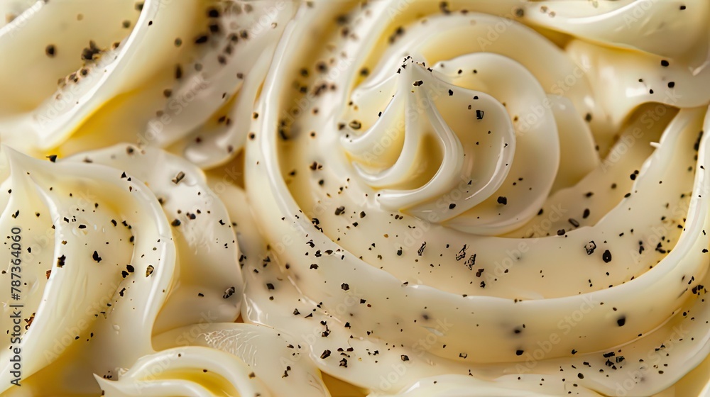 A close-up of the creamy vanilla cream cheese frosting with flecks of black pepper, creating an elegant texture and depth in the background of the recipe. A close-up of the creamy vanilla cream cheese frosting with flecks of black pepper, creating an elegant texture and depth in the background of the recipe.